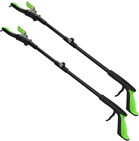 2-Pack Foldable Grabber Reacher Tool with Light, 32" Trash Picker Grabbers, Deft Claw Reacher Grabber for Elderly, 90°Rotating Anti-Slip Jaw, Magnet Hook (Green)