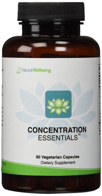 Natural Wellbeing - Concentration Essentials - Natural, Herbal Supplement Supports Focus and Concentration - For Adults and Children - 90 Capsule Bottle