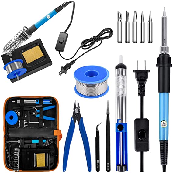 Soldering Iron Kit Electronics, 60W Soldering Welding Iron Tools with ON-Off Switch, 5pcs Soldering Iron Tips, Solder Sucker, Soldering Iron Stand, Tweezers, Solder Wick, Wire Cutter, PU Carry Bag