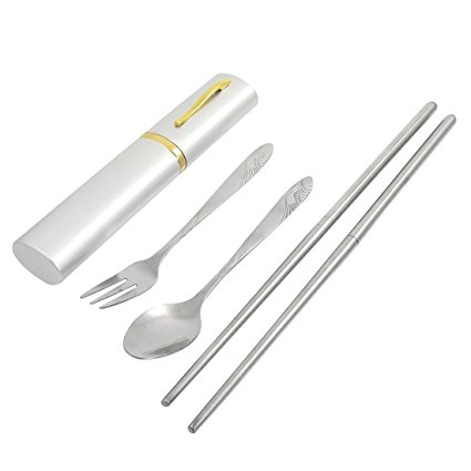 Sonline Travel Silver Tone Fork Spoon Detachable Chopsticks Case