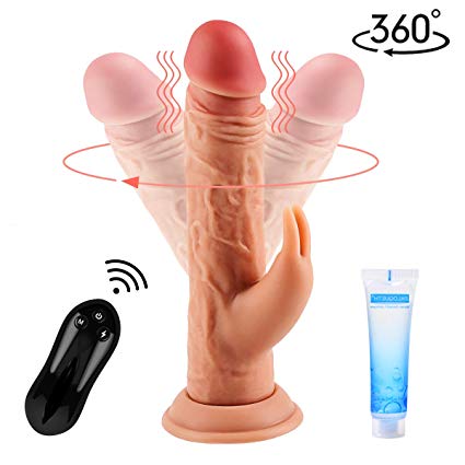 Vibrating Dildo with 3 Powerful Motors Bunny Ears for G Spot Clitoral Stimulation, Paloqueth Realistic 360°Rotation Rabbit Vibrator 3 Speeds 7 Vibration Modes for Women, Rechargeable