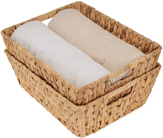 StorageWorks Water Hyacinth Storage Baskets, Large Wicker Baskets with Built-in Handles, 15” x 11.8” x 5.7”, 2-Pack