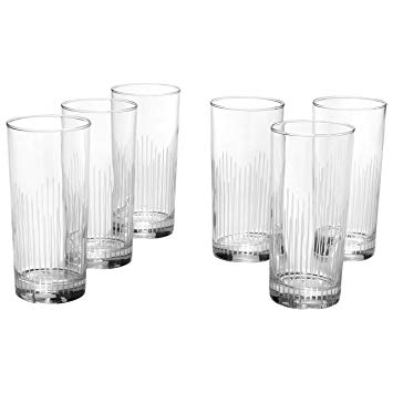 Rivet Modern 16 oz. Highball Glass, Set of 6, Clear Glass with Decorative Etching