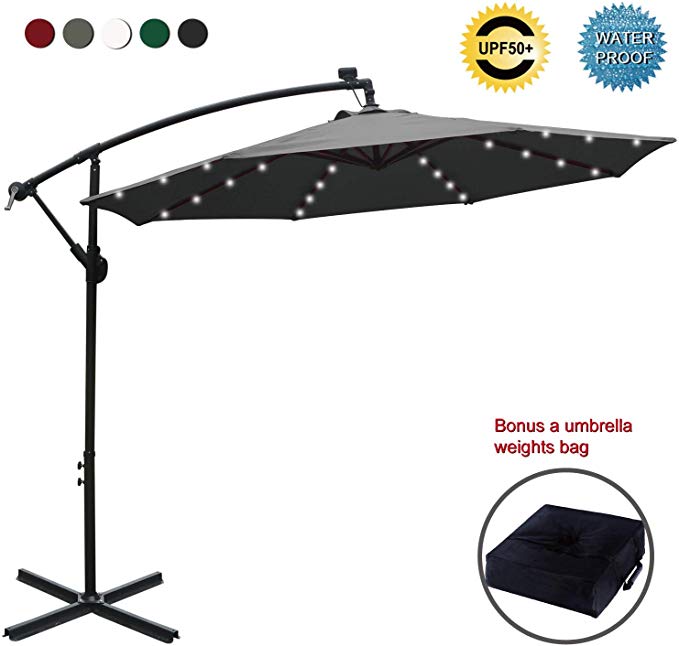 ABCCANOPY 10 FT Solar Powered LED Patio Outdoor Umbrella Hanging Umbrella Cantilever Umbrella Offset Umbrella Easy Open Lift 360 Degree Rotation with 32 LED Lights (Dark Gray)