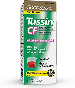 GoodSense Tussin Cough & Cold, Wild Cherry Flavor; Multi-Symptom Cold Medicine Relieves Cough, Nasal Congestion and Chest Congestion, 4 Fluid Ounces