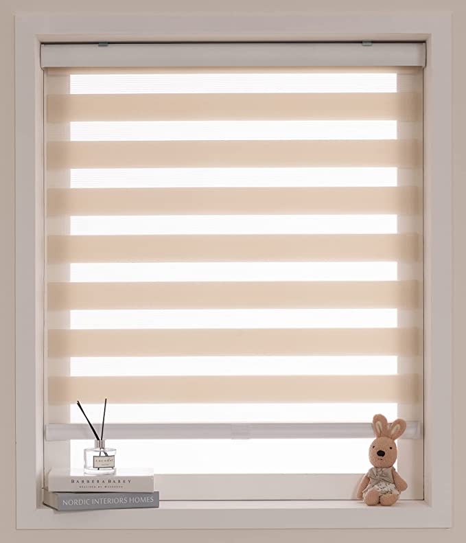 Cordless Custom Zebra Roller Shades and Blinds [Cordless Basic, Beige, W 27 x H 56 inch] Dual Layer Sheer or Privacy Light Control, Day and Night Window Drapes, 24 to 70 inch Wide