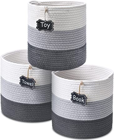 IPOW 3 Pack 11” x 11” x 11”Cotton Rope Storage Baskets, Woven Cube Storage Organizer Organization Bins, Decorative Collapsible Cube Baskets with 3 Tags for Shelves, Baby Nursery Laundry, Toys, Towels, Blankets