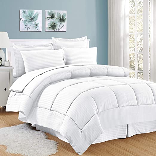 Sweet Home Collection 8 Piece Comforter Set Bag Stripe Design, Bed Fitted, 1 Flat Sheet, 2 Pillowcases, 2 Shams, King, Dobby White