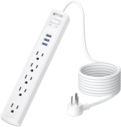 TROND Surge Protector Power Bar - 6ft Long Extension Cord Indoor, Power Strip Flat Plug, 5 AC Outlets 3 USB Ports, 1440 Joules Wall Outlet with Screws, Wall Mount for Home Office Dorm Room Essentials