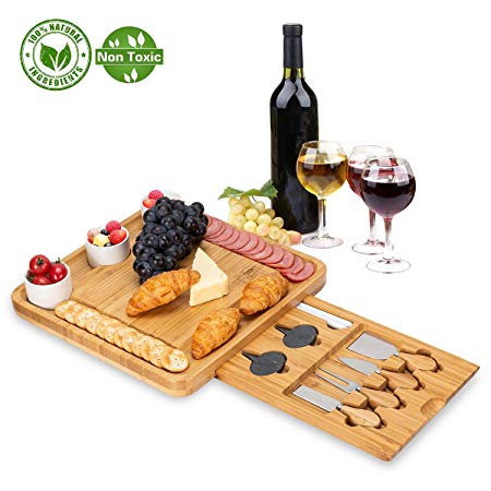 Bamboo Cheese Board with Cutlery Set-Charcuterie Cheese Plate Include 3 Ceramic Bowels with Marker Set by OasisCraft