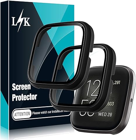 2 Pack LϟK Smartwatch Case Compatible for Fitbit Versa 2 Built-in Tempered Glass Screen Protector, All-Around Ultra-Thin Bumper Full Cover Hard PC Protective Case - Black