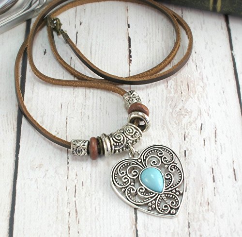Valentines Day Gift for Mom, Boho Jewelry, BOHEMIAN NECKLACE, Boho Necklace, Valentines Gift For Women, Cowgirl Necklace, Turquoise Heart Pendant on Long Leather Cord