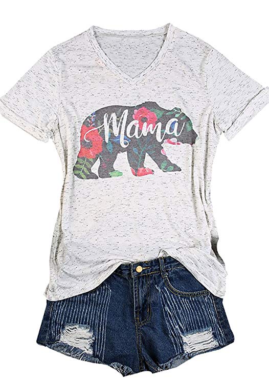 Women's Mama Bear Floral Printed Short Sleeve V-Neck Casual T-Shirt Blouse