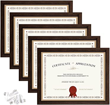 upsimples 8.5x11 Picture Frame Certificate Document Frame with High Definition Glass ,5 Pack Diploma Frames for Wall and Tabletop,Brown