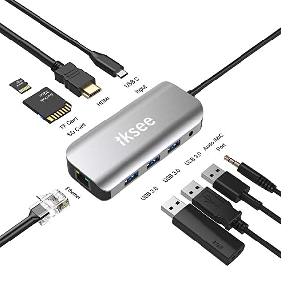 iKsee USB C Hub, 9-in-1 Multiport Adapter with Ethernet Port, 4K HDMI, SD TF Card Reader, 3 USB 3.0 Ports and Audio Mic Port Compatible for Laptops, MacBook, ChromeBook, XPS, and More