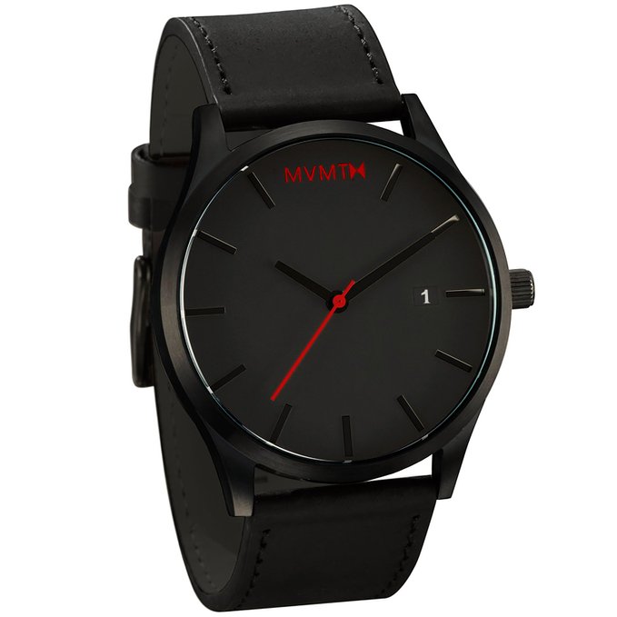 MVMT Watches Black Face with Black Leather Strap Mens Watch