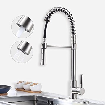 HOMELODY Brushed Nickel Pull Out Sprayer Single Handle Kitchen faucet, High Arch Spring Single Lever Pull Down Bar Prep Kitchen Sink Faucets With Deck Plate