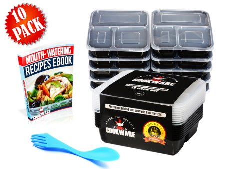 3 Compartment Meal Prep Containers With Clear Lids [10Set] Reusable Lunch Bento Boxes 36 Oz- Food Portion Control- BPA Free, Microwave, Dishwasher & Freezer Safe Stackable-EBook & Lifetime Guarantee!