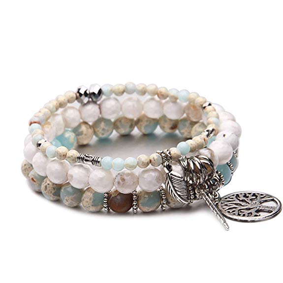 Tree of Life Turquoise Jasper & Tibetan Agate Gemstone Chakra Beaded Bracelet | Beach Charm Bracelet Set - Ocean Jewelry