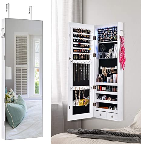 Mirror Jewelry Cabinet Jewelry&nbsp;Armoire&nbsp;Lockable&nbsp;Jewelry&nbsp;Chest&nbsp;Jewelry&nbsp;Cabinet&nbsp;Wall&nbsp;Door&nbsp;Mounted&nbsp;with&nbsp;Large&nbsp;Capacity&nbsp;Jewelry&nbsp;Armoire&nbsp;Length&nbsp;Mirror&nbsp;Lockable&nbsp;Large&nbsp;Jewelry&nbsp;Organizer(White)