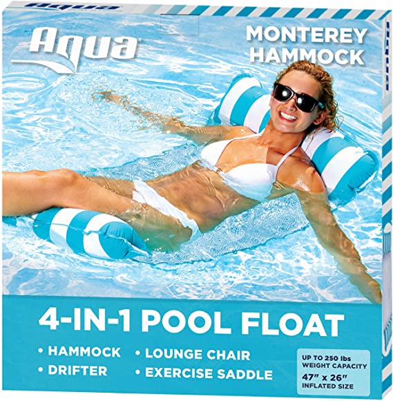 Aqua 4-in-1 Monterey Hammock Inflatable Pool Float, Multi-Purpose Pool Hammock (Saddle, Lounge Chair, Hammock, Drifter) Pool Chair, Portable Water Hammock, Light Blue/White Stripe