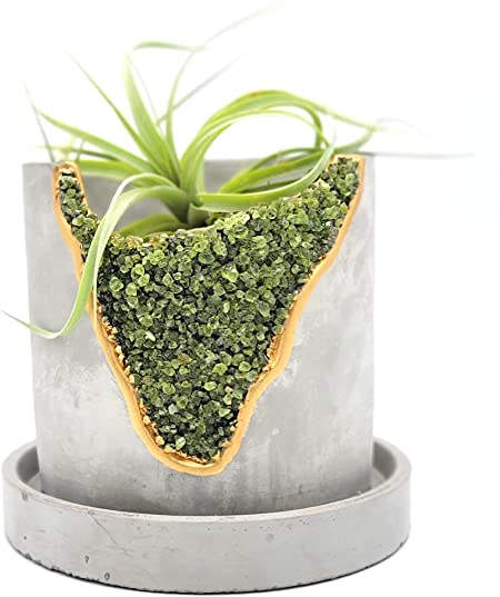 4 Inch Crystal Plant Pot with Saucer - Cement Geode Planter - Concrete Pots for Plants - Modern Succulent Pot Indoor - Unique Air Plant Holder - Candle Holder - Small Plant Home Decor (Green Peridot)