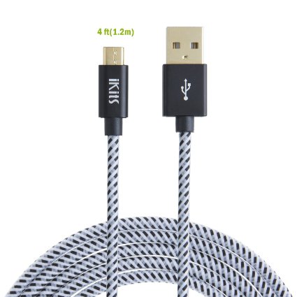 iKits USB 2.0 Micro USB to USB Cable Long 5 Pin Cable for Android Devices: Samsung, HTC, Google & etc., Metal Plug & Mixed Color Cotton Jacket, High Speed A Male to Micro B Cable. 4ft Long Cable Black