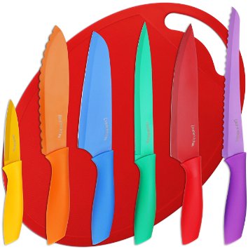 6-Piece Non-Stick Knife Set Color-Coded - Includes Chef Knife Bread Knife Carving Knife Paring Knife Sandwich Knife and Santoku Knife By Utopia Kitchen