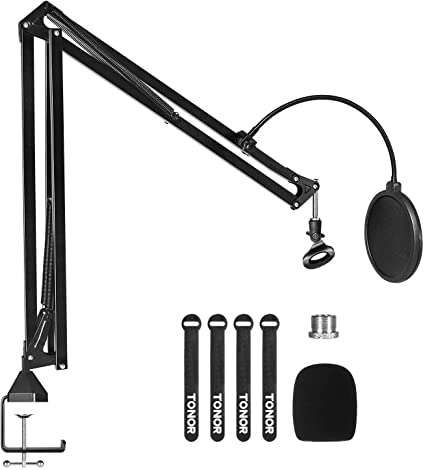 Microphone Stand Extension Arm, TONOR Studio Suspension Scissor Boom Arm with Pop Filter, 3/8" to 5/8" Adapter, Mic Clip, Upgraded Heavy Duty Clamp for Blue Yeti Snowball Ice and Other Mics(T30)