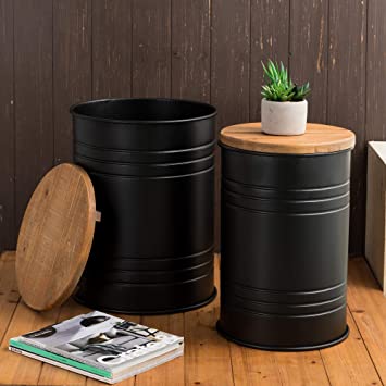 Glitzhome Rustic Storage Bins Accent Side Table Home Furniture Galvanized Metal Stool Ottoman Seat with Round Wood Lid Set of 2,Black