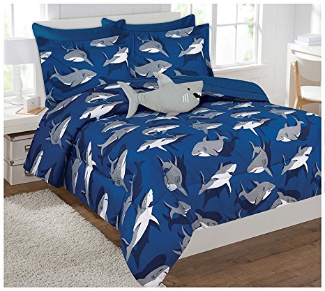 Fancy Collection 6 Pc Kids/teens Shark Blue Grey Design Luxury Comforter Furry Buddy Included