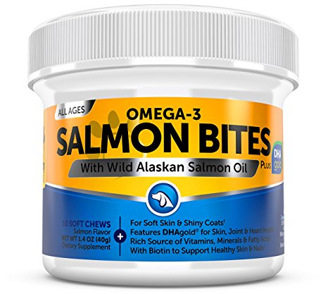 Salmon Oil Chewables for Dogs - With Wild Alaskan Salmon Fish Oil - Natural Omega 3 & 6 Supplement for Joint Health - With EPA & DHAgold   Biotin for Skin & Coat Support - 10 Chews