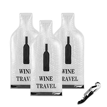 Reusable Wine Bottle Protector - Wine Bags with Double Air Bubble Cushion Inner Skin and Leak Proof Exterior Ensures Safe in Luggage - with A Wine Opener
