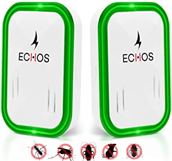Echos [ UK PLUG Ultrasonic Pest Repeller - Mouse & Rat Control - Insect & Rodent Repellent For Mosquitos, Flies, Wasps, Ants, Spiders, Bed Bugs, Fleas, Roaches, Rats, Mice (2 Pack) (Green)