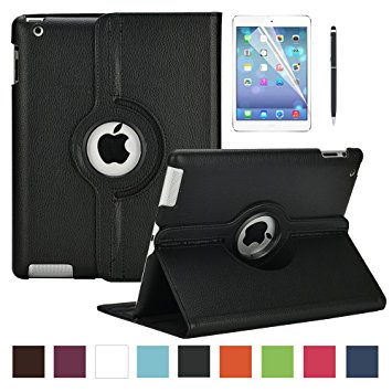 iPad 2 / 3 / 4 Leather Case,SUPLIK 360 Degree Rotating Stand Smart Cover with Automatic Wake / Sleep for Apple iPad 2 3 4 Screen Protector Stylus, Black