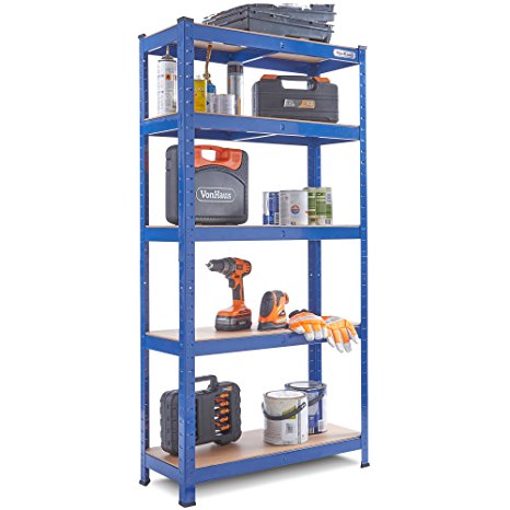 VonHaus 1.5m 5 Tier Garage Shelves Racking Utility Heavy Duty Industrial Steel & MDF Boltless Shelving Unit Workbench - Massive 875Kg Capacity | 150cm H 75cm W 30cm D |175kg Per Shelf