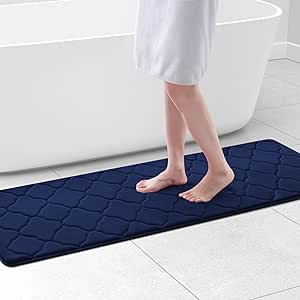 OLANLY Memory Foam Bath Mat Rug 59x20, Ultra Soft Non Slip and Absorbent Bathroom Rug, Machine Wash Dry, Comfortable, Thick Bath Rug Carpet for Bathroom Floor, Tub and Shower, Navy