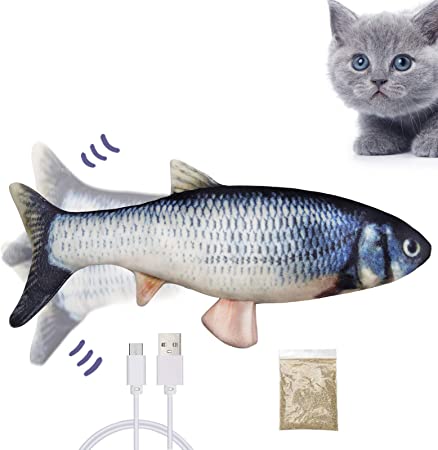 SS Moving Electronic Fish Cat Toy, Flopping Fish Cat Toy Catnip Kicker Wiggle Fish Motion Kitten Chew Bite Kick Plush for Cat Kikky (Blue)