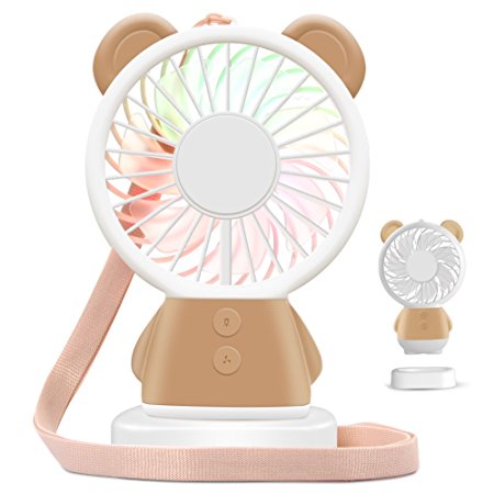HOOFUN Portable Mini Fan Handheld Fan LED Color Changing Fan for Kids USB Rechargeable, Bear Desk Pocket Fan with Base for Travel Outdoor Climbing Office Home, 800mAh 2 Speeds Adjustable (Brown)