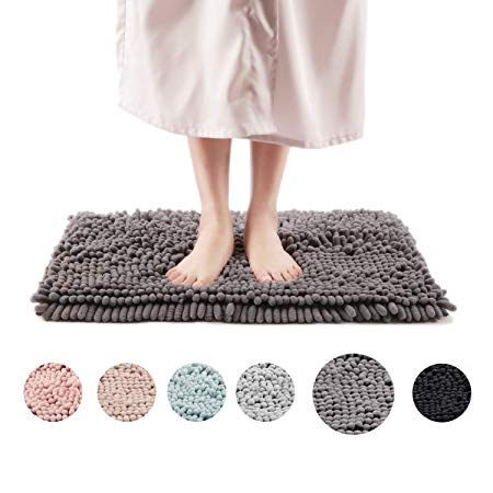 Freshmint Chenille Bath Rugs Extra Soft Fluffy and Absorbent Microfiber Shag Rug, Non-Slip Runner Carpet for Tub Bathroom Shower Mat, Machine-Washable Durable Thick Area Rugs (16.5" x 24", Gray)