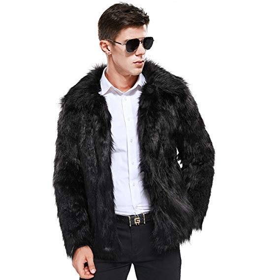 Zicac Men's Long Sleeve Faux Fur Jacket Hook & Eye Closed Luxury Coat Parka