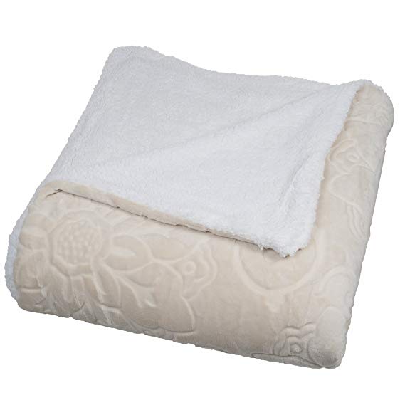 Lavish Home Floral Etched Fleece Blanket with Sherpa, King, Vanilla