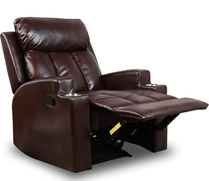 Recliner Chair Contemporary Theater Seating two Cup Holder Brown Leather Chairs for Modern Living room Durable Framework