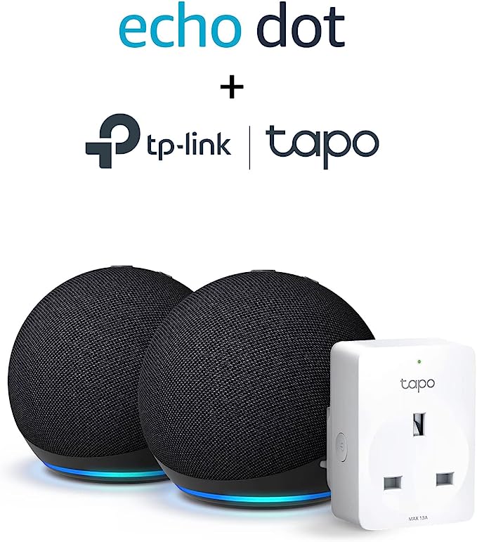 Echo Dot (5th generation, 2022 release), Charcoal, 2-pack   TP-Link Tapo P110 Smart Plug with Energy Monitoring, Works with Alexa - Smart Home Starter Kit