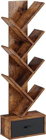 Rolanstar 7 Tier Tree Bookshelf, Industrial Wood Bookcase, Vintage Storage Rack with Open Shelves, Rustic Standing Bookshelves Display Rack for Living Room, Bedroom, Rustic Brown Black