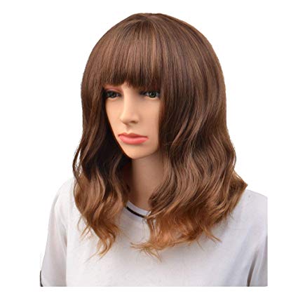 BERON 16" Womens Short Curly Wavy Wig with Bangs Synthetic Hair Party Wigs Wig Cap Included (Mixed Brown)