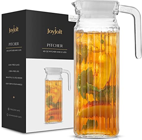 40oz Glass Pitcher with Lid (2 Lids) - Beverage Serveware, Storage Container and Carafe for Hot Liquids or Cold Drinks. Glass Water Pitcher, Bedside Carafe, Sun Tea Jar, Juice Pitcher