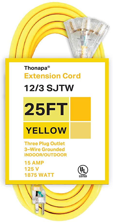 25 Foot Lighted Outdoor Extension Cord with 3 Electrical Power Outlets - 12/3 SJTW Heavy Duty Yellow Extension Cable with 3 Prong Grounded Plug for Safety
