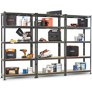 VonHaus 3x Bay 5 Tier Garage Shelving – Metal Racking, Steel & MDF Boltless Shelves - Massive 2625kg Capacity 175KG per Shelf | 180cm H 270cm W 40cm D | Includes Rubber Mallet & 12 Connectors