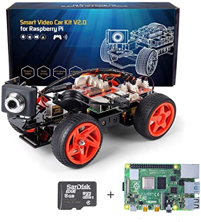 SunFounder Raspberry Pi Smart Video Robot Car Kit V2.0 Electronic Camera Toy, Graphical Visual Programming Language Supported, Remote Control by UI on Windows/Mac and Web Browser, Pi 4B Included